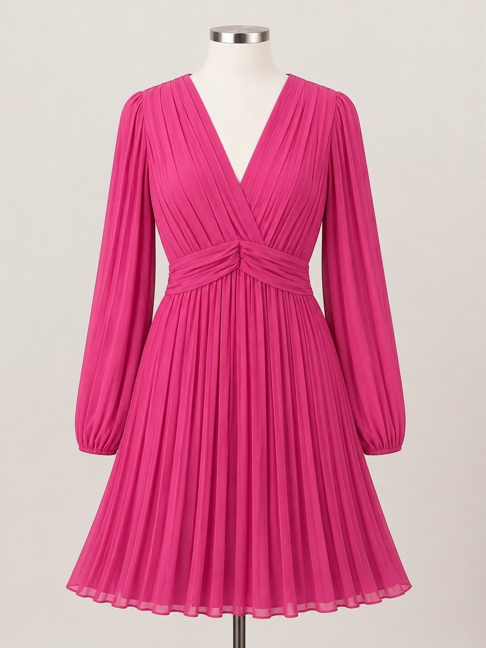 Aureta x Anthropologie Pleated Long Sleeve V Neck Mini Dress Raspberry Pink Lg - Picture 2 of 5